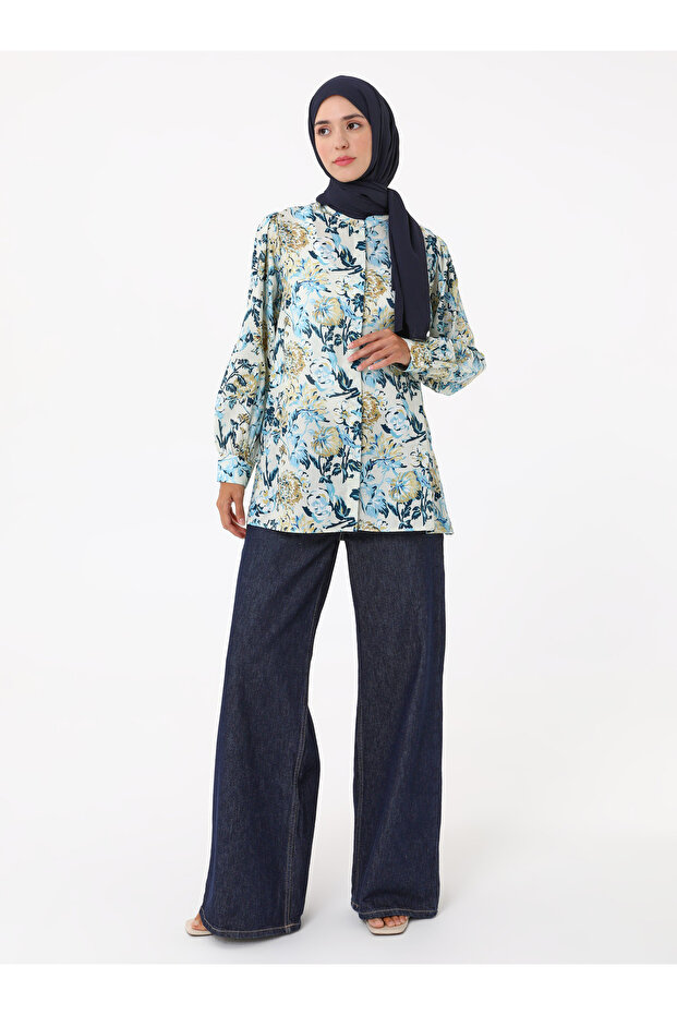 Çiçek Baskılı Vual Tunik - Mavi - - 6