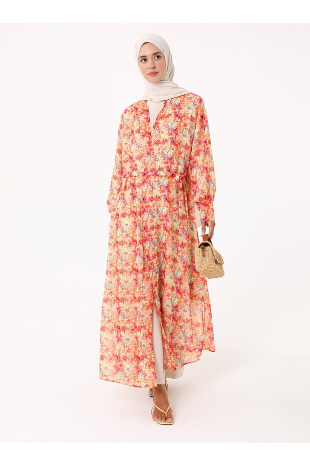 كيمونو شيفون مطبوع - منقوش باللون الوردي- - 1