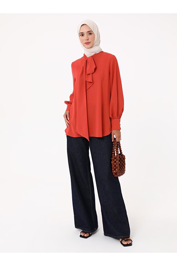 Soft Button Collar Tie Tunic - Cinnamon - - 1