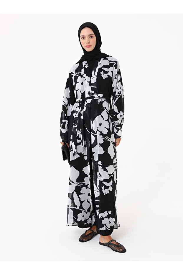 كيمونو شيفون مطبوع - أسود - أبيض - ريفكا