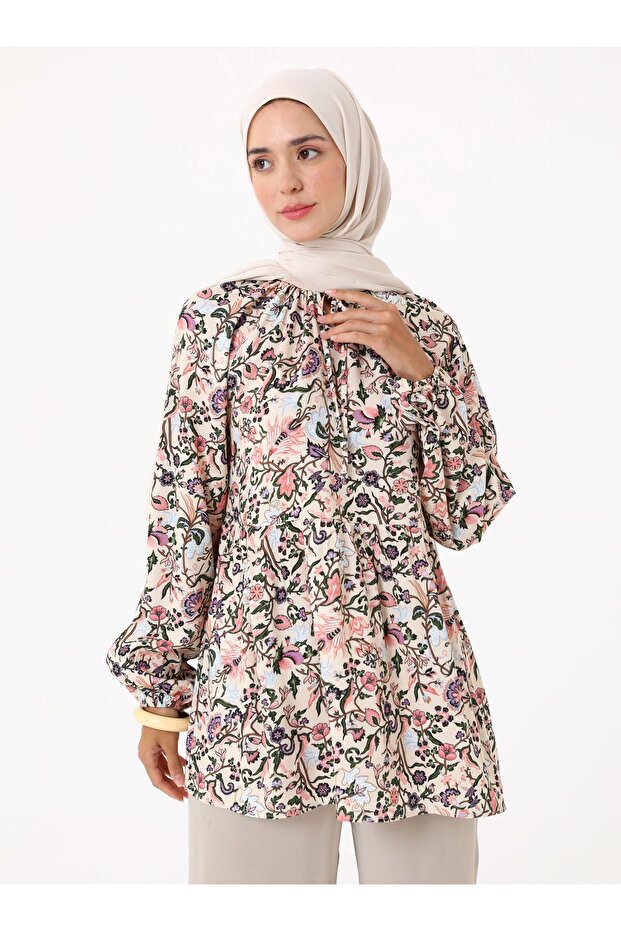Çiçek Baskılı Vual Tunik - Pembe - - 2