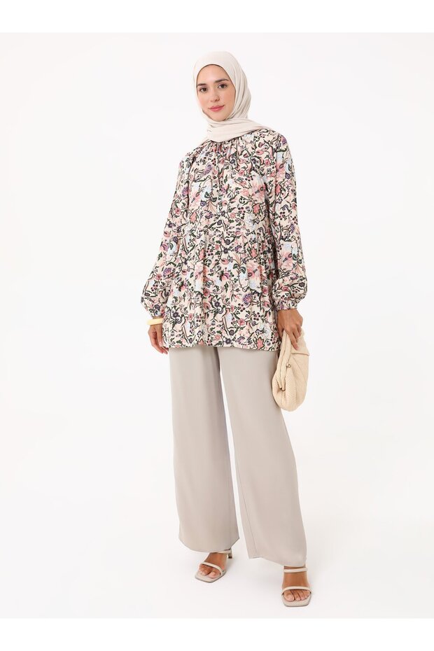 Çiçek Baskılı Vual Tunik - Pembe - - 1