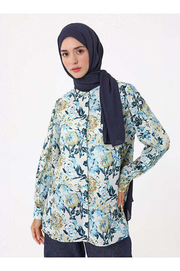 Çiçek Baskılı Vual Tunik - Mavi - - 2