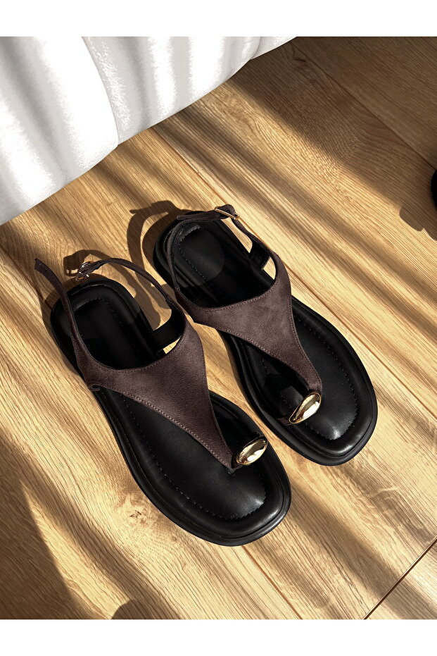 Gold Detail Suede Sandals - 1