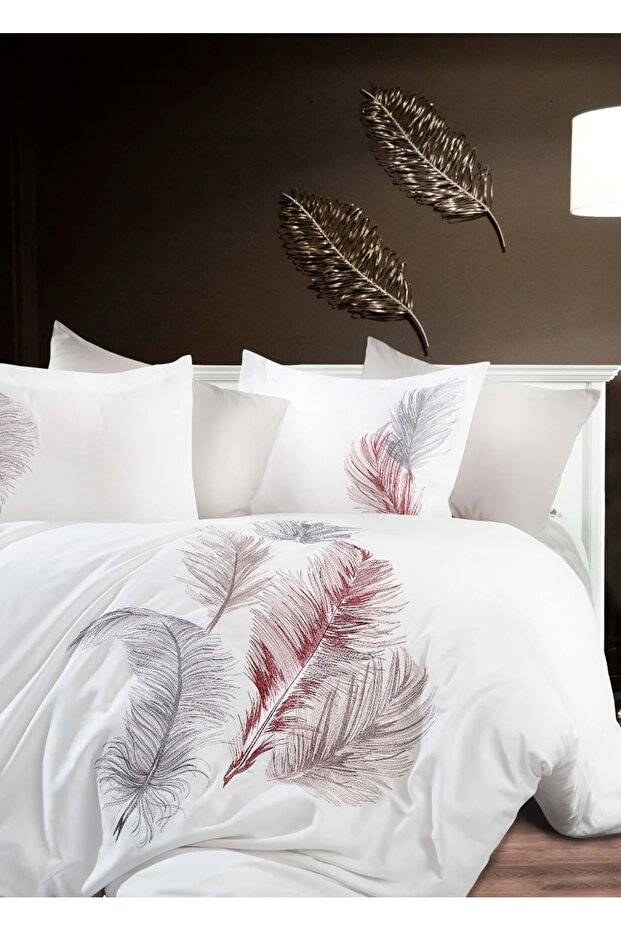 Dantele Trace Embroidered Cotton Satin Double Duvet Cover Set-White
