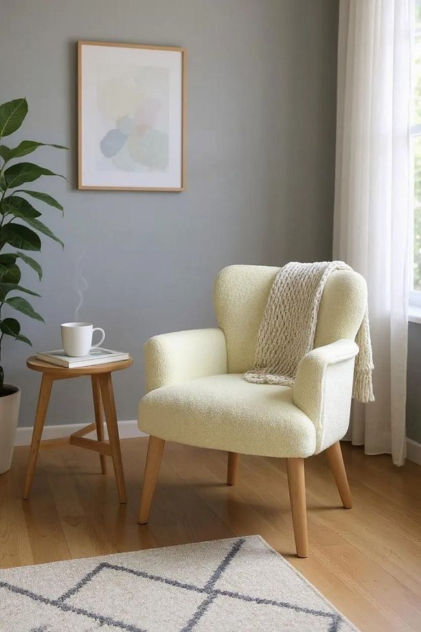 Modern Krem Teddy Kumaş Rahat Berjer Tekli Koltuk – Yumuşak Dokulu, Ahşap Ayaklı - 1