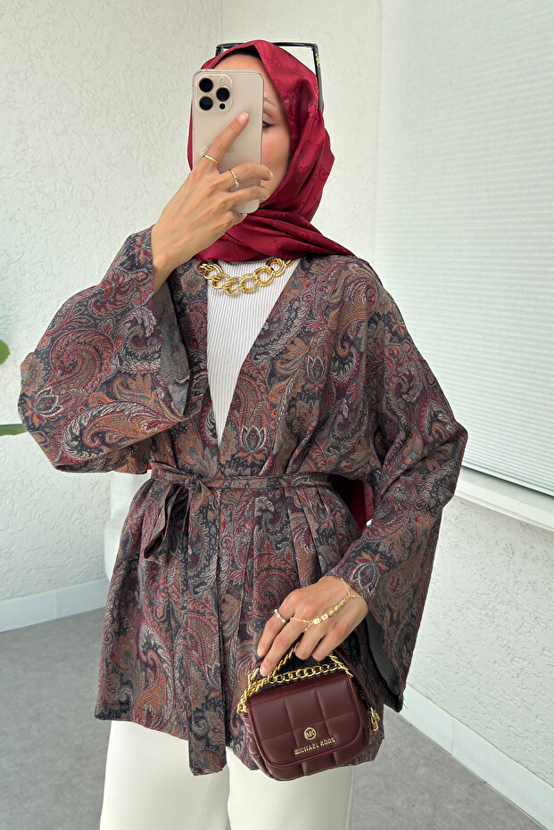 Shawl Pattern Belted Kimono 2375 - Dark Brown
