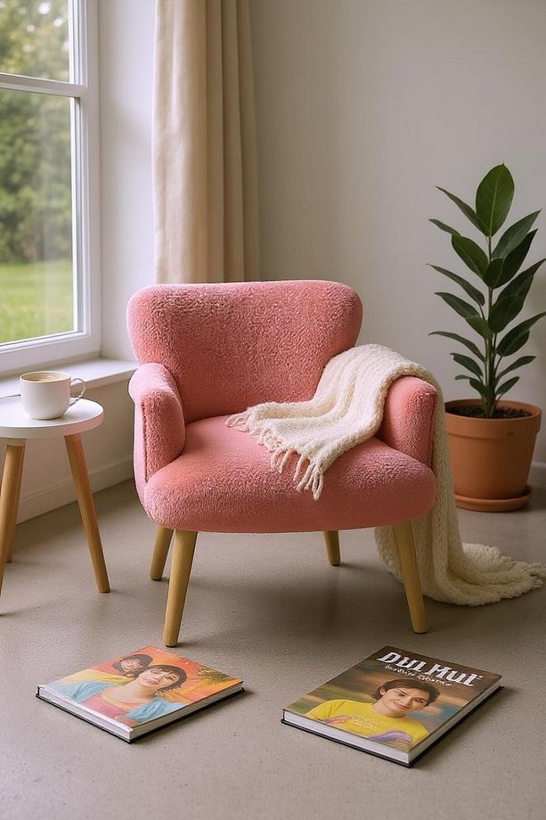 Modern Pudra Pembe Teddy Kumaş Rahat Berjer Tekli Koltuk – Yumuşak Dokulu, Ahşap Ayaklı - 2