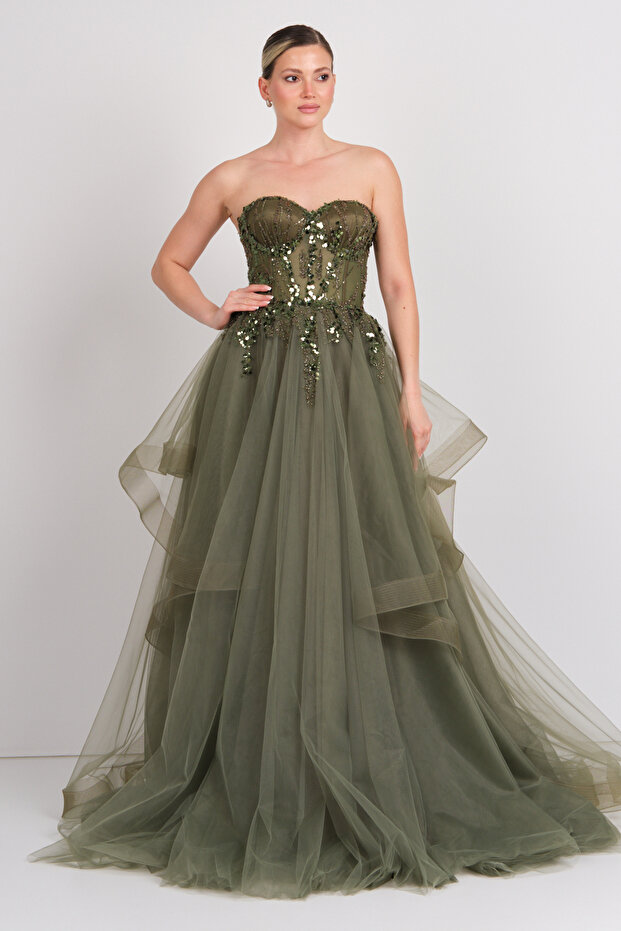 Women's Strapless Sequin Detailed Maxi Length Tulle Evening Dress M104 Oliv