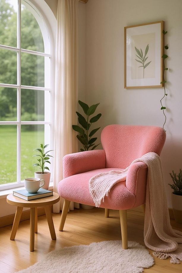 Modern Pudra Pembe Teddy Kumaş Rahat Berjer Tekli Koltuk – Yumuşak Dokulu, Ahşap Ayaklı - 3
