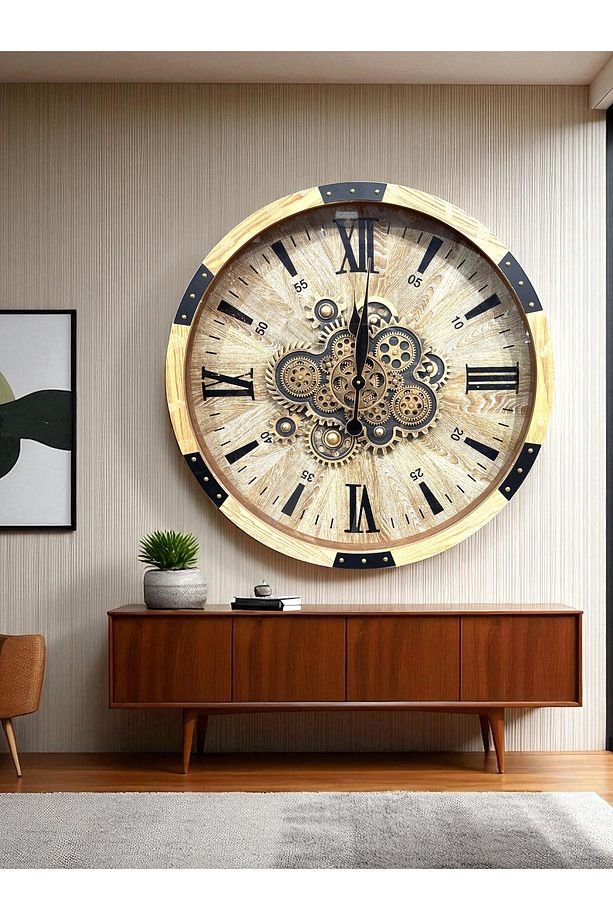 ÇARKLI AHŞAP DUVAR SAATİ SALON SAATİ 68*68CM - 1