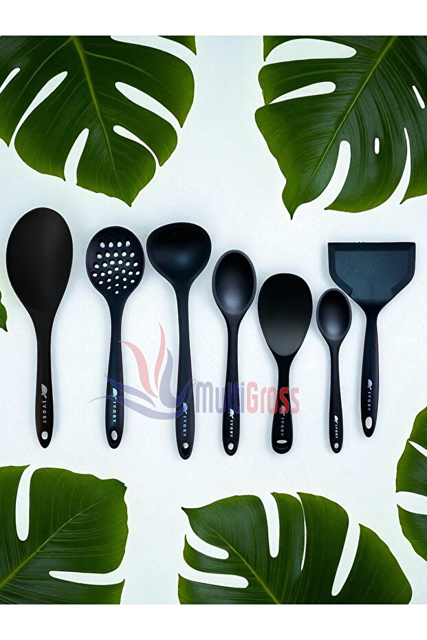 Ivory Heat Resistant Silicone Colander Ladle Spatula Spoon Set (30-28-22-20 cm) 7 Pieces