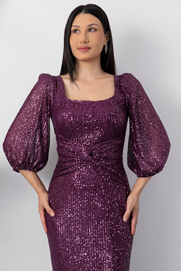 Kare Yaka Önü Bağalamalı Yırtmaçlı Elbise AP-3020 - 2