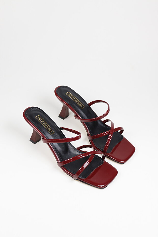 Women's Burgundy Patent Leather Heeled Sandals Slippers