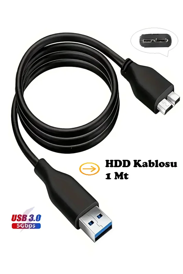 USB 3.0 Taşınabilir HDD Harddisk Kablosu, Micro USB -B, Hızlı Veri Aktarır (1 Metre Siyah) - 1