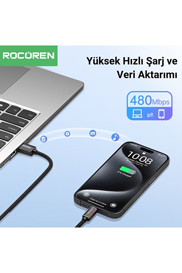 Type-C to USB-A RGB Aydınlatmalı 3A Hızlı Şarj ve Data Kablosu 3 Metre - 3