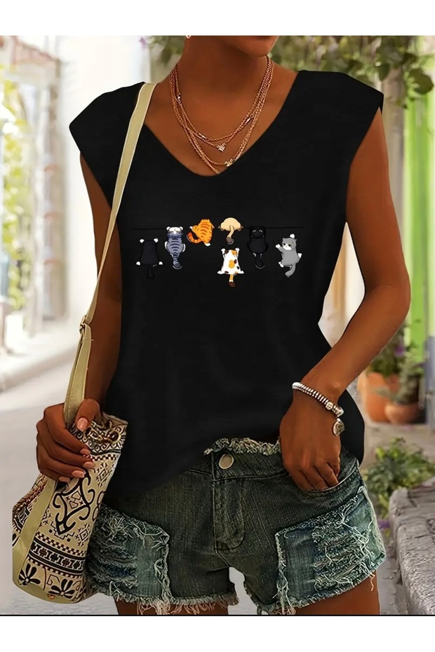 Small Cat Printed Women's Oversize Sleeveless T-Shirt