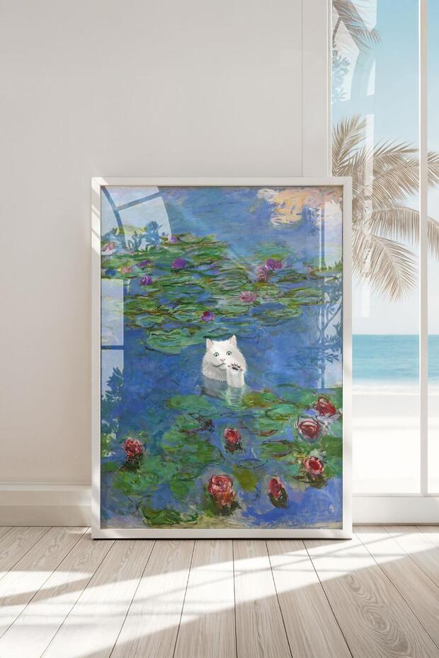 لوحة فنية من Monet Water Lilies Cat - بإطار أبيض