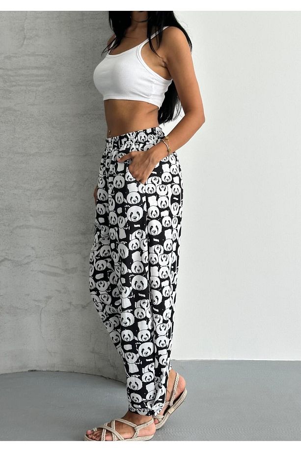 ŞALVAR MODEL YÜKSEK BEL BOL KALIP DESENLİ JOGGET EŞOFMAN PANTOLON - 7