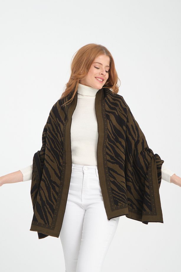 T-Crazy Knitwear Zebra Desen Çift Katlı ve Çift Yüzlü Triko Örme Omuz Şalı - 2