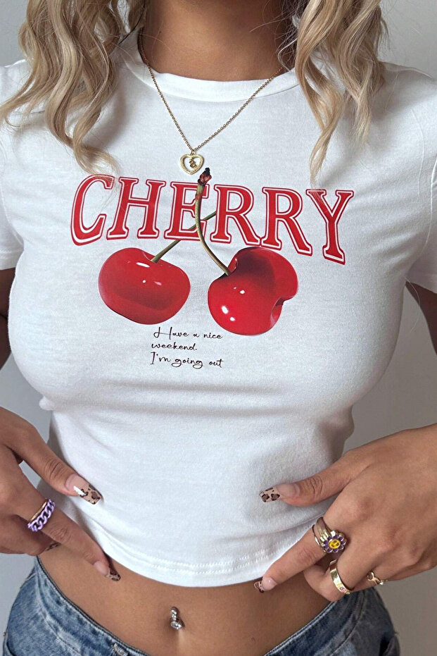 Women's Printed White Crop T-Shirt - Cherry Pattern, Summer Short Sleeve Blouse