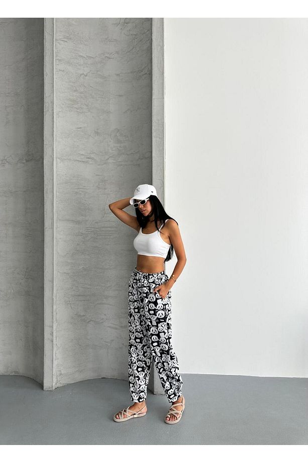 ŞALVAR MODEL YÜKSEK BEL BOL KALIP DESENLİ JOGGET EŞOFMAN PANTOLON - 8