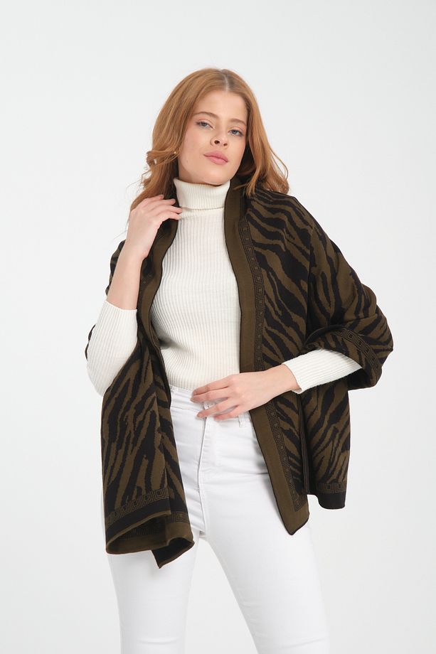 T-Crazy Knitwear Zebra Desen Çift Katlı ve Çift Yüzlü Triko Örme Omuz Şalı - 3
