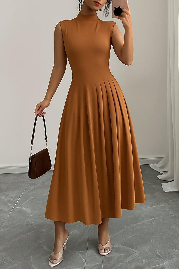 Tile Women's Turtleneck Sleeveless Pleated Crepe Fabric Long Dress