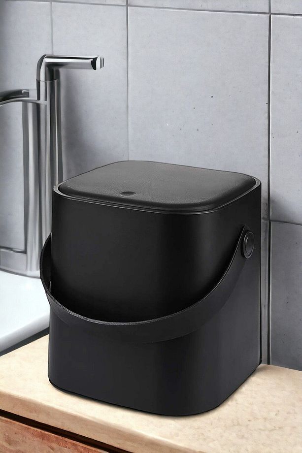 Deri Saplı İç Kovalı Click Kapaklı Mutfak Banyo Tuvalet Çöp Kovası 4 LT Çöp Kutusu Siyah - 1