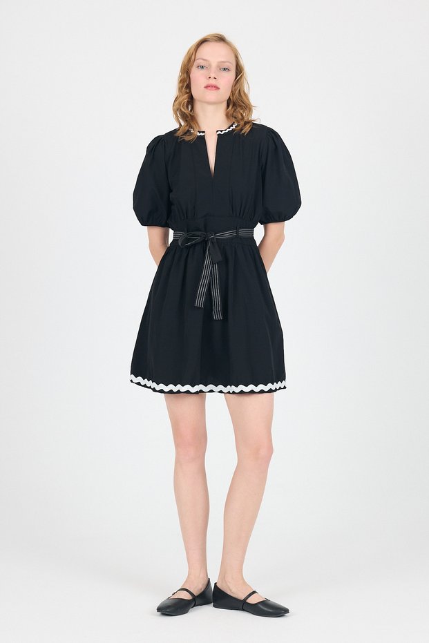 Black Terikoton Balloon Sleeve Waist Tie Mini Dress 2617