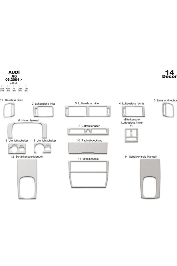 Audi A6 Console-Torpedo Trim 2001-2004 14 Pieces