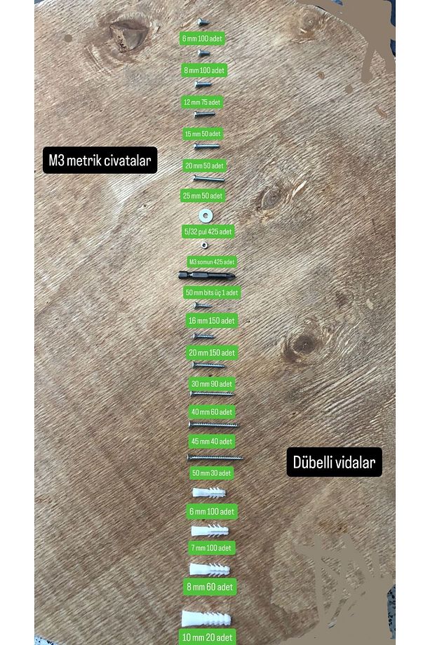 2077 Parça 20 Çeşit Sunta Vidası,Dübel ,Metrik 3 mm Civata ,Somun,Pul Seti,Bits Uç Ve Takım Çantası - 3