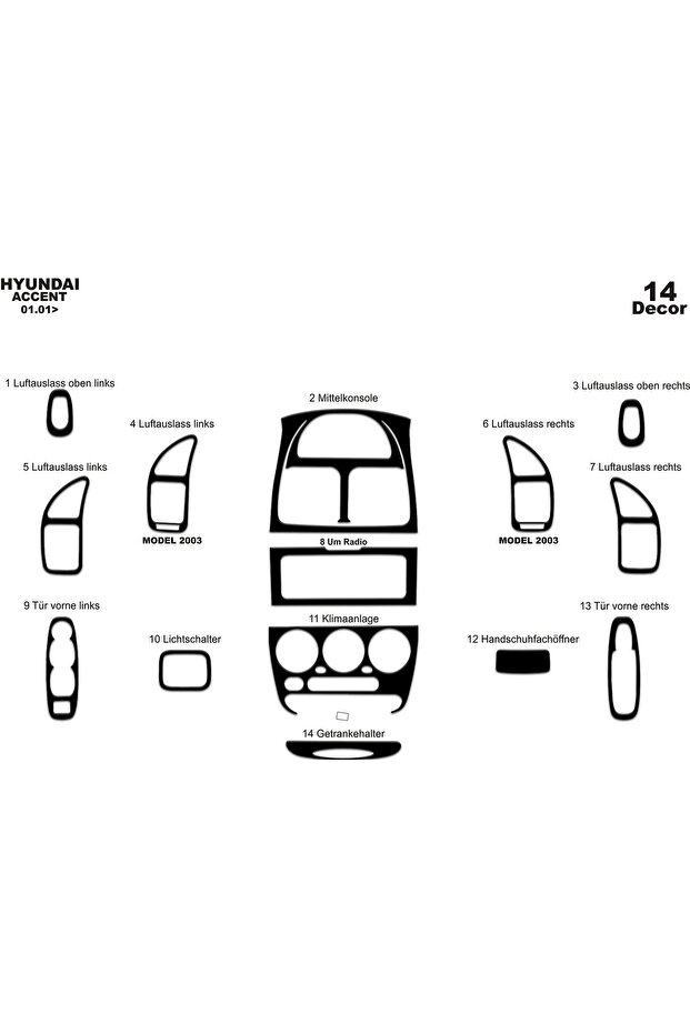 Hyundai Accent Console-Torpedo Trim 2001-2005 14 Pieces