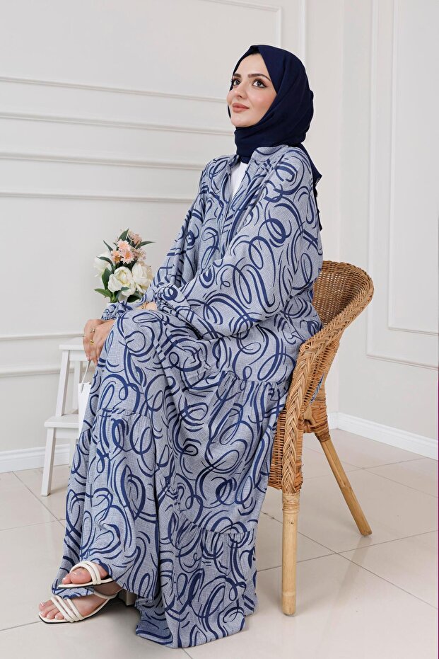 Rochie Robă cu model Wave - Bleumarin - 1