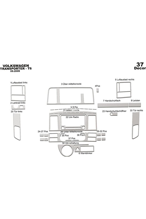 Volkswagen Transporter T6 Console-Torpedo Trim 2010-2014 37 Pieces
