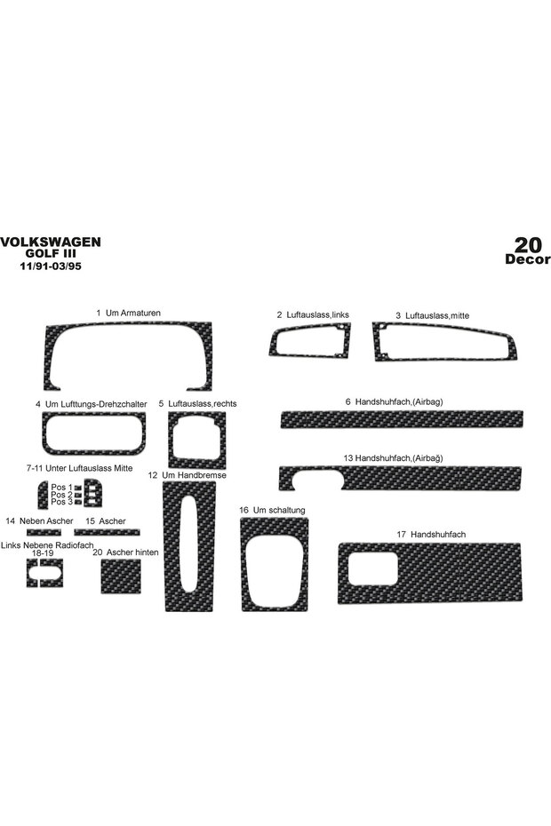 Volkswagen Golf 3 Console-Torpedo Trim 1991-1995 20 Pieces