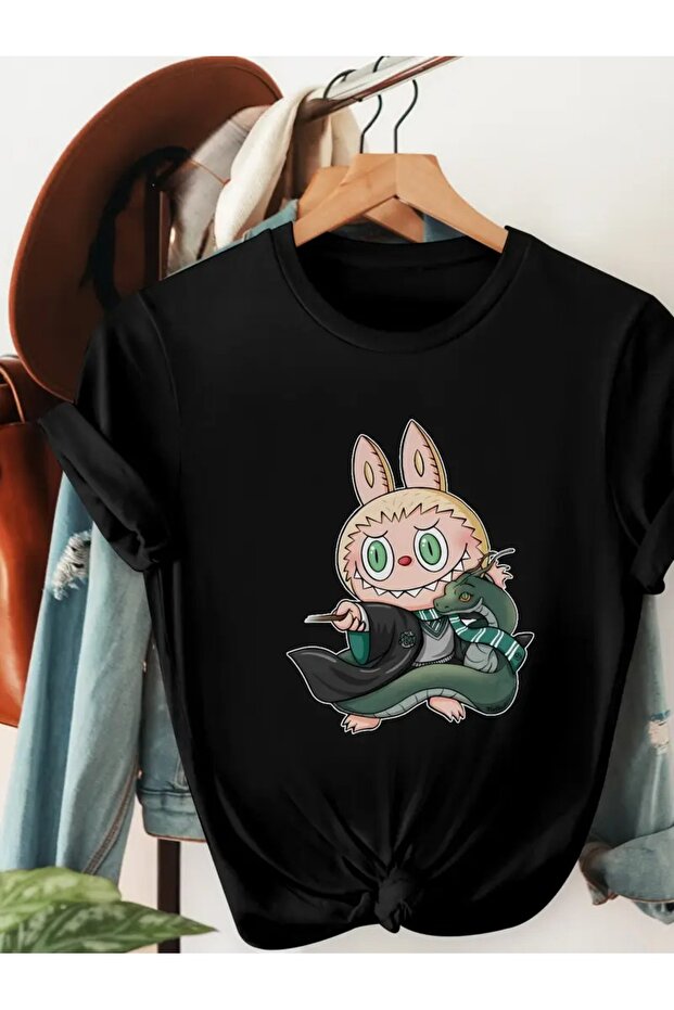 Black Casual T-Shirt with Cute Cartoon Rabbit and Dragon Design for Women -