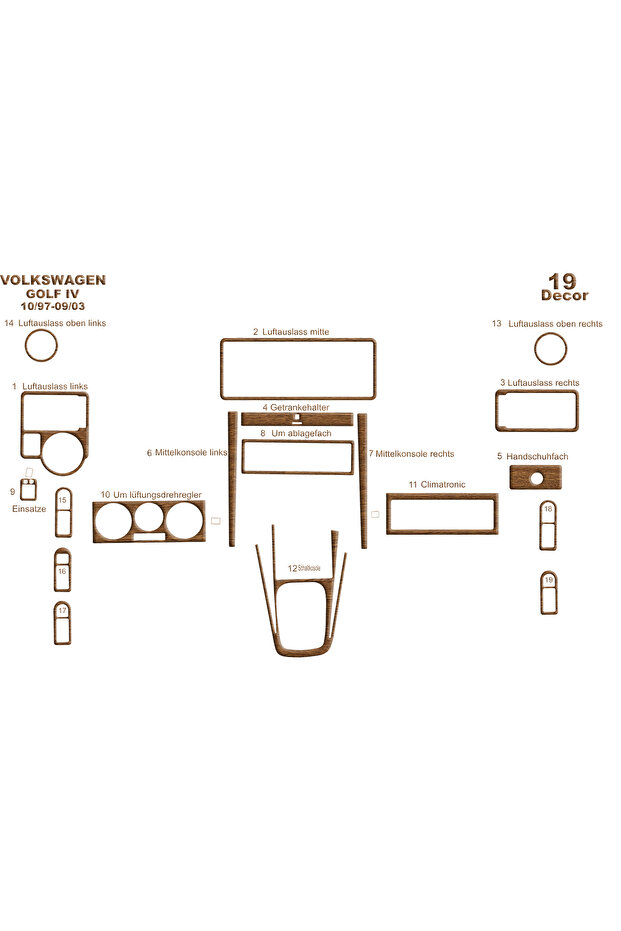 Volkswagen Golf 4 Console-Torpedo Trim 1997-2003 19 Pieces