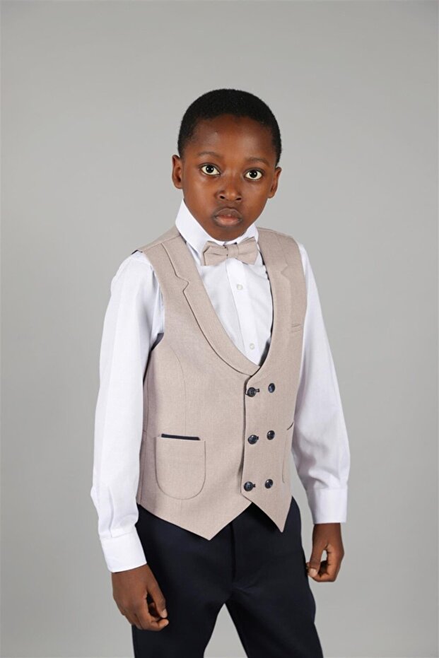 03 - 14 Years Old Boy Beige Linen Vest Suit