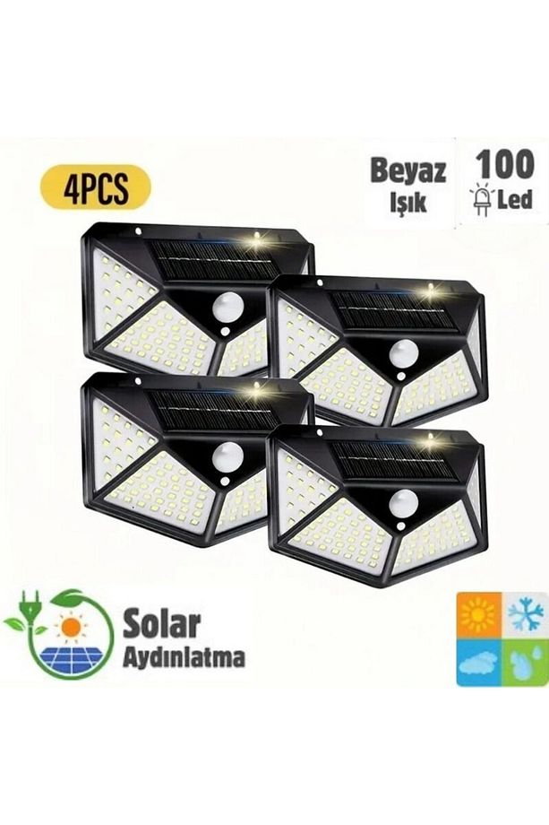 HB-100 4'lü Paket 100 LED Solar Hareket Sensörlü Güneş Enerjili 3 Mod Solar Duvar Bahçe Kamp Lambası - 1