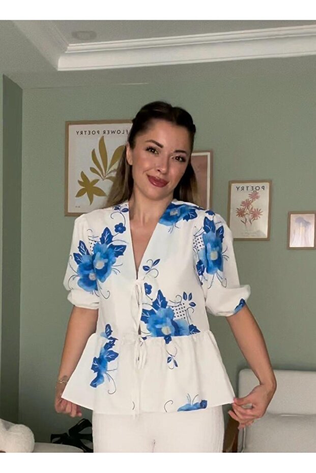 Flower Pattern Front Tie Linen Shirt