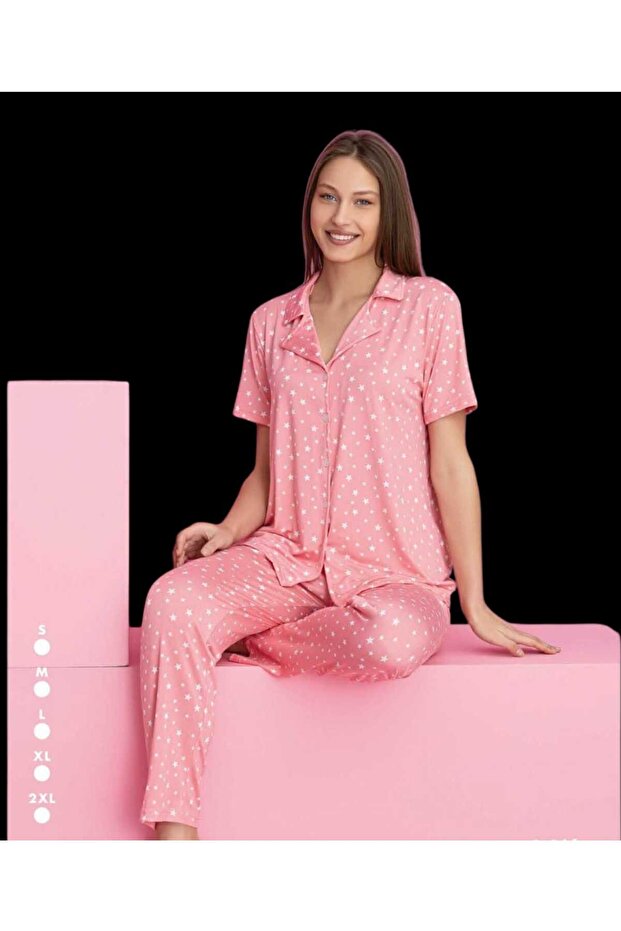 Shirt Collar Button Short Sleeve Patterned Lycra Loose Milan Fabric Pajama Set