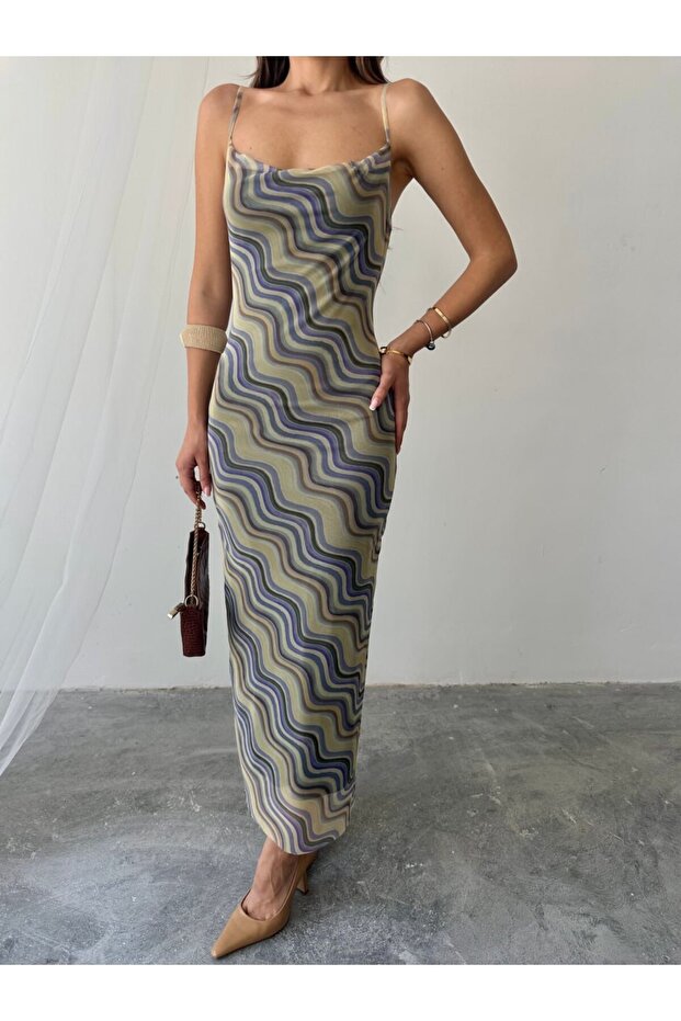 Desenli Degaje Yaka Asansör Askılı Astarlı Tül Elbise - 1