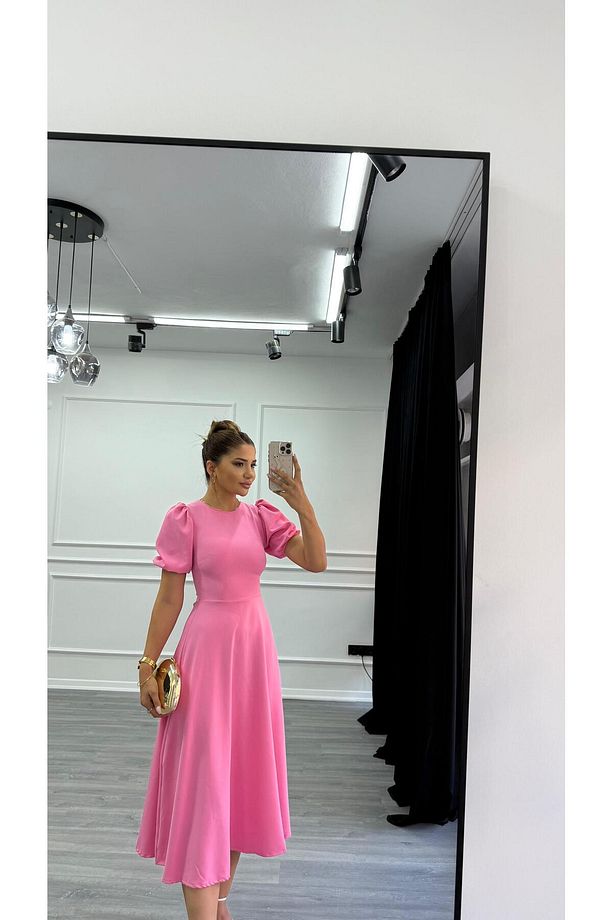 Pembe Bisiklet Yaka Kısa Karpuz Kol Midi Boy Premium Elbise - 3