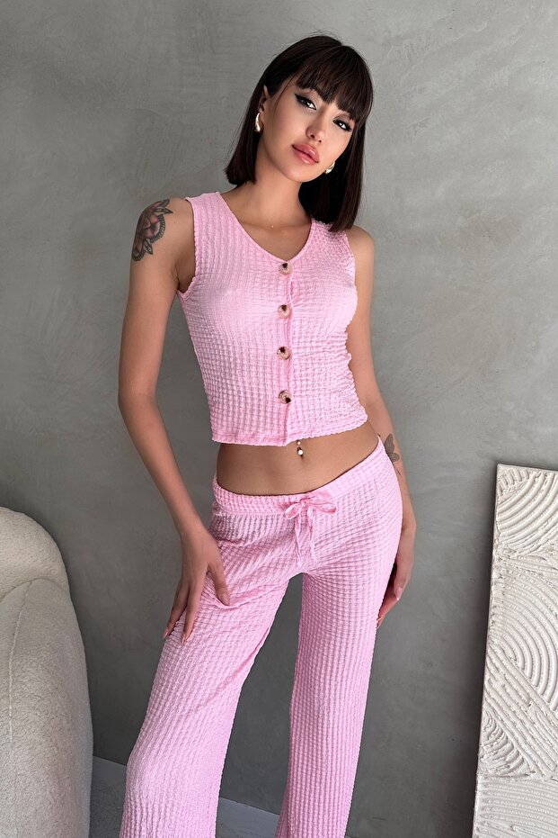 Women's Buttoned Bubble Textured Vest Set