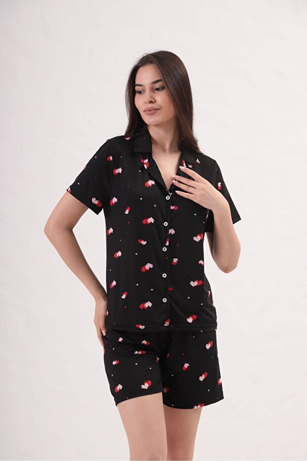 Shirt Collar Buttoned Short Sleeve Shorts Patterned Lycra Loose Milan Fabric Pajama Set