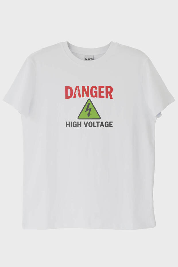 تي شيرت أبيض بتصميم عالي الجهد بطابع DANGER