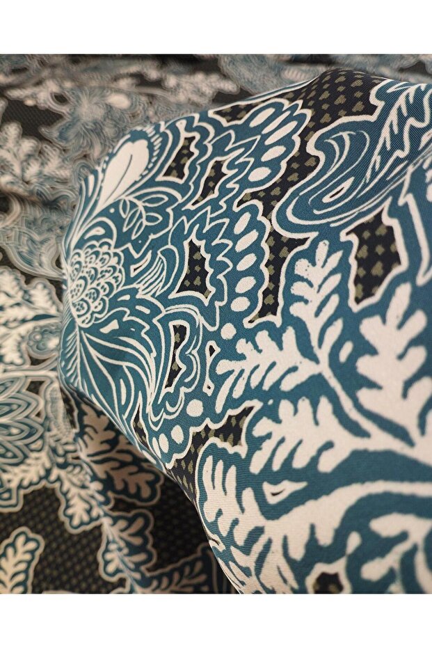Anthracite Petrol Blue Cream Patterned Satin (Width 150 cm X Length 300 cm)
