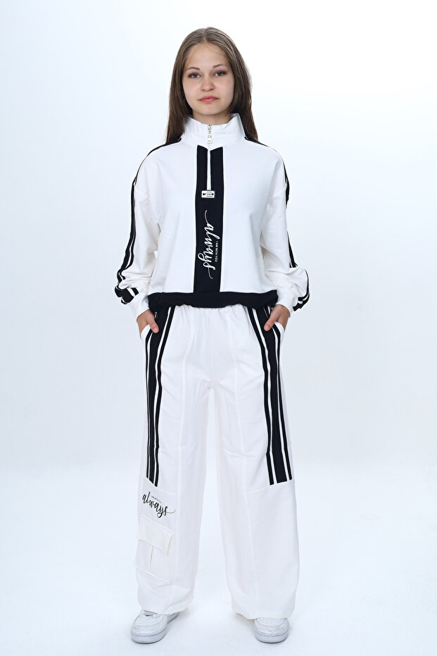 Girl's 2 Thread Half Zipper Garnished Sports Set 100% Cotton Comfortable Fit-325