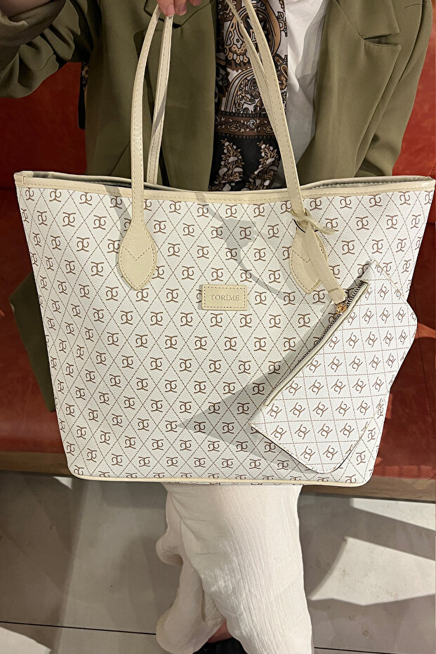 Cream Patterned Vegan Leather Large Shoulder/Arm Bag – Everyday Use & Capacity